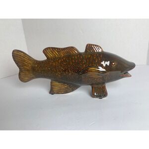 Vintage Ceramic Fish Figurine Brown Glazed Art Pottery Carp Bass Decor 12 Inch
